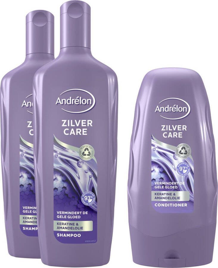 Andrélon Shampoo & Conditioner Zilver Care keratine shampoo verrijkt met amandelolie 2 x 300 ml + 250 ml