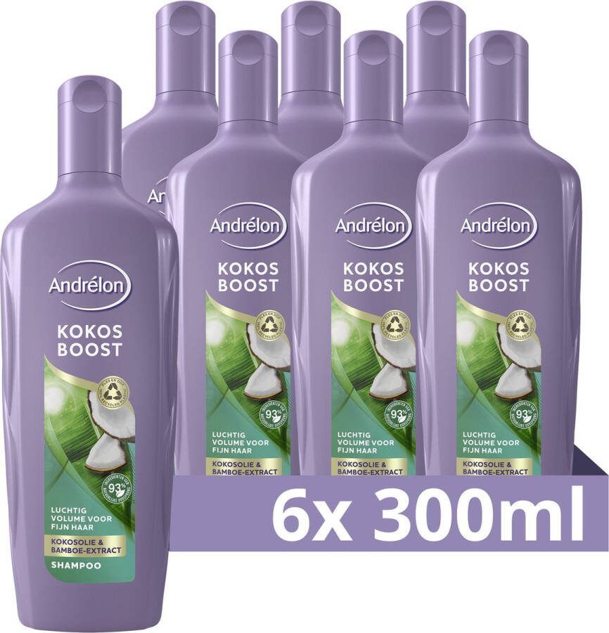 Andrélon Shampoo Kokos Boost verrijkt met kokosolie en bamboe-extract 6 x 300 ml