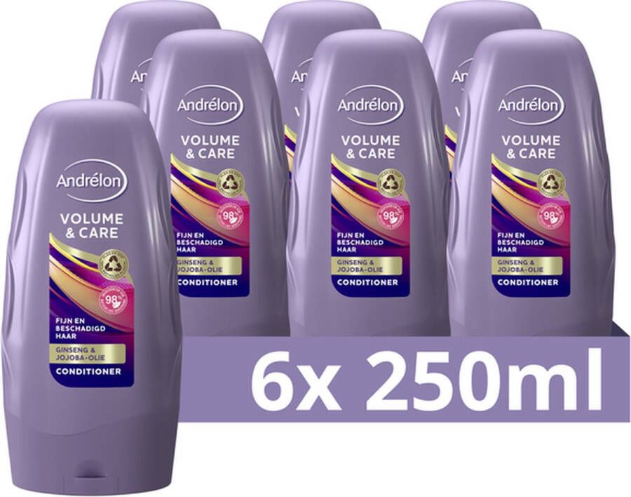 Andrélon Volume & Care Conditioner Voor fijn en beschadigd haar Verrijkt met gingseng en jojoba-olie 6 x 250 ml