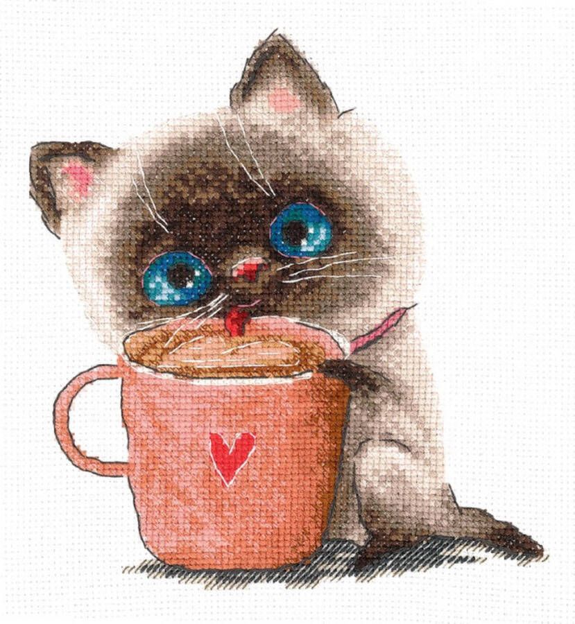 Andriana Borduurpakket Coffee Lovers: Kitty Koffiegenieters: Katje telpatroon om zelf te borduren