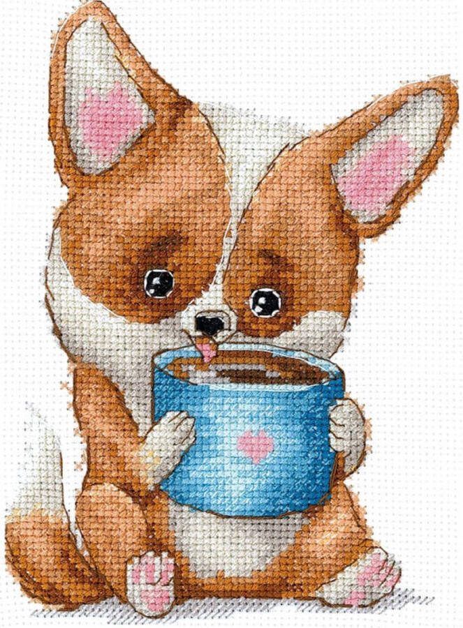 Andriana Borduurpakket Koffie Liefhebbers: Corgi (Coffee Lovers: Corgi)