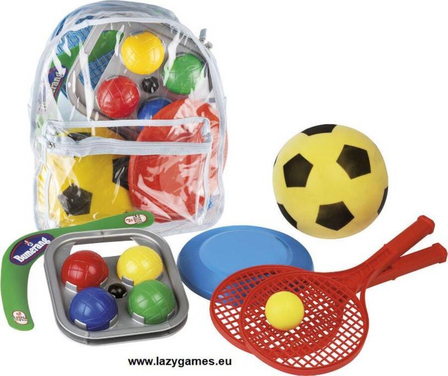 Androni Giocattoli Camping Sportset in Tas Boemerang een frisbee een tennisset (2 rackets ø 21 cm met bal) en een zachte bal
