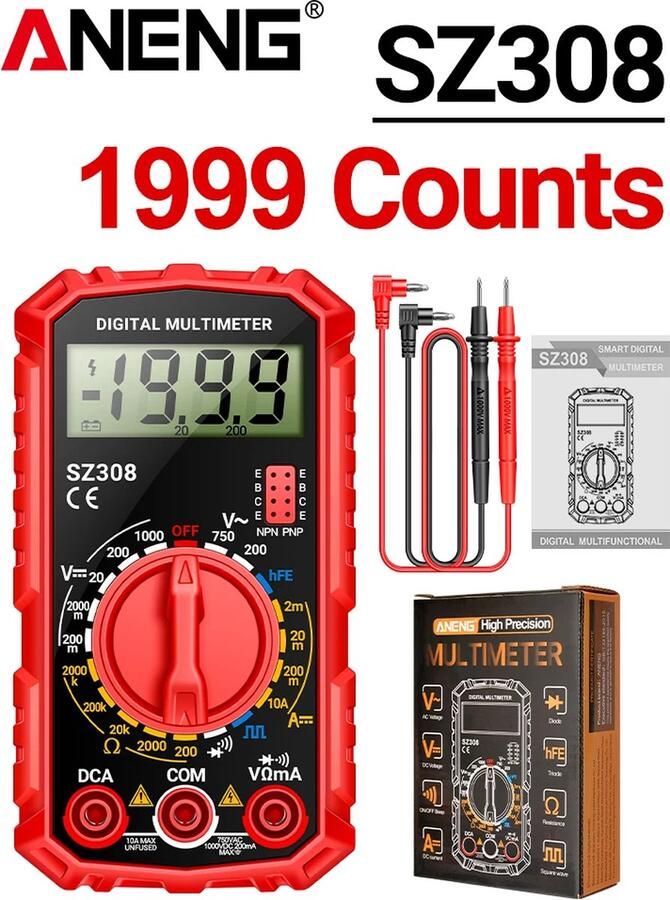 ANENG Sz308 Blokgolf Digitale Tester 1999 Telt Hfe Triode Zoemer Multimeter Ac Dc Spanning 10a Huidige Multimeters Meter Gereedschap Rood