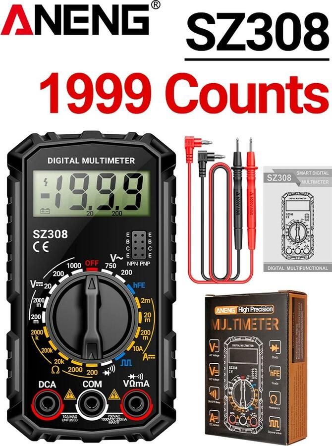 ANENG Sz308 Blokgolf Digitale Tester 1999 Telt Hfe Triode Zoemer Multimeter Ac Dc Spanning 10a Huidige Multimeters Meter Gereedschap Zwart