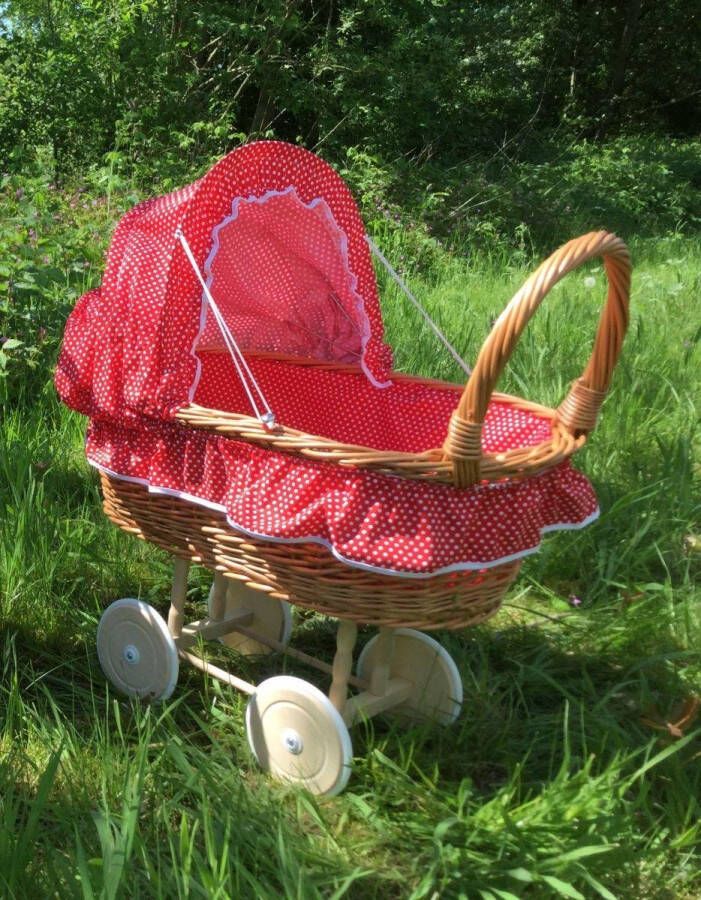 Angel Toys XL- Rieten Poppenwagen houten wielen Stoffen Kap rood