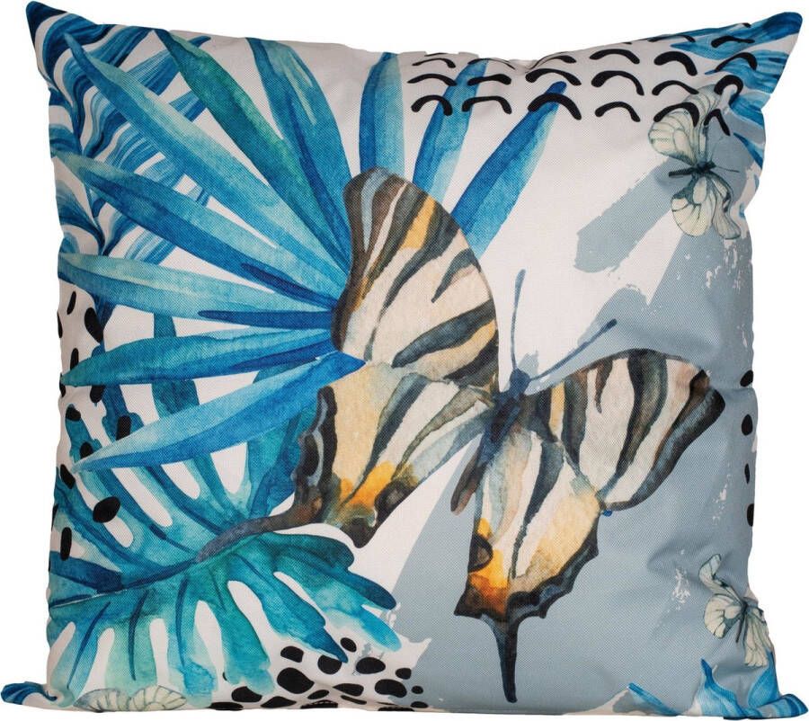 Anna's Collection 1x Bank sier kussens voor binnen en buiten blauwe palm bladeren print 45 x 45 cm Tuin huis kussens