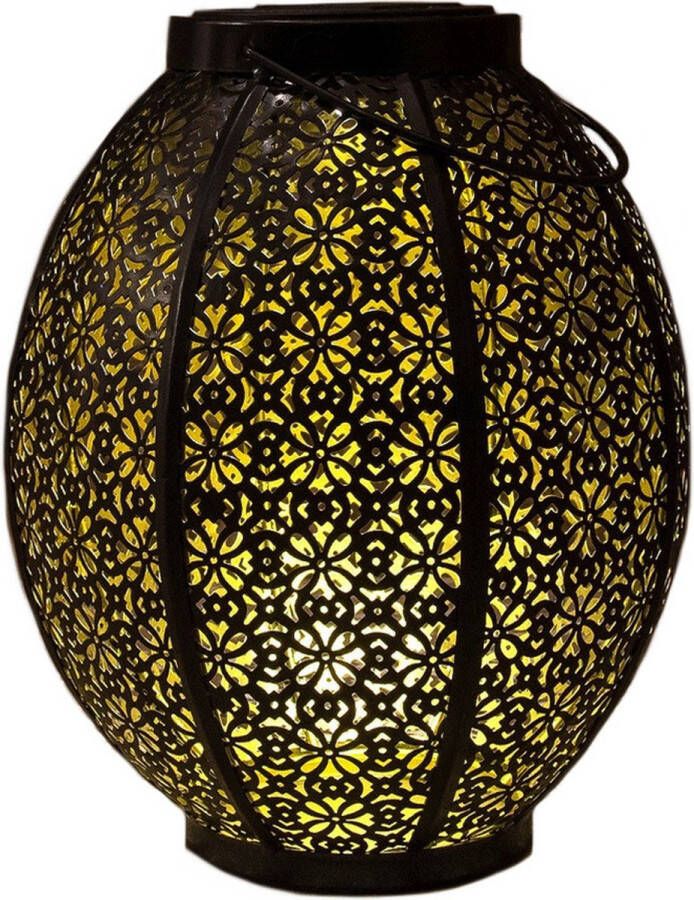 Anna's Collection 1x stuks zwart gouden ronde solar lantaarns van metaal 23 cm Tuinverlichting Tuinlampen Solarlampen