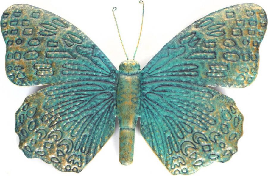 Anna's Collection 1x Tuindecoratie vlinder van metaal turquoise goud 31 cm Metalen schutting decoratie vlinders Dierenbeelden tuindecoratie