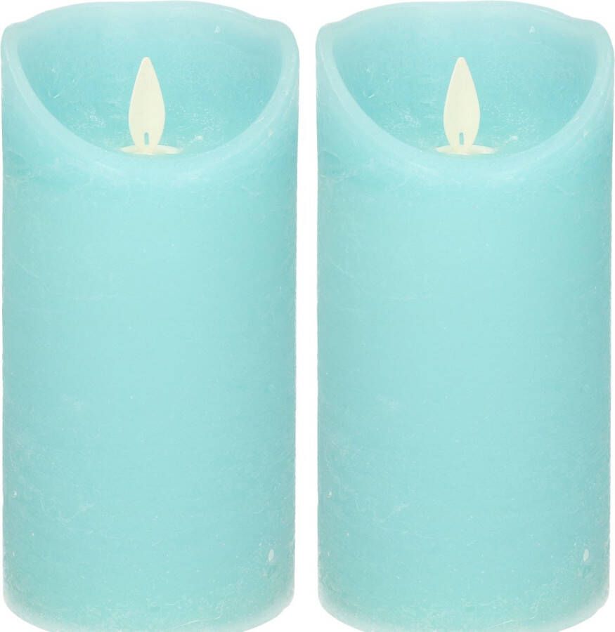 Anna's Collection 2x Aqua blauwe LED kaarsen stompkaarsen 15 cm Luxe kaarsen op batterijen met bewegende vlam