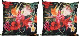 Anna's Collection 2x Bank sier kussens donkergroen voor binnen en buiten tropische bloemen print 45 x 45 cm Tropische tuin huis kussens