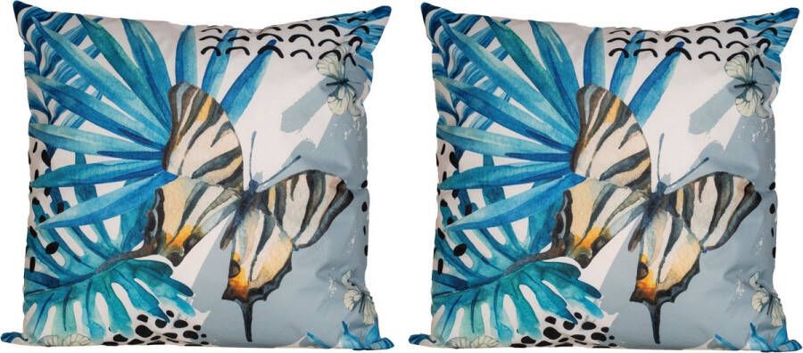 Anna&apos;s Collection 2x Bank sier kussens met blauwe palm plant bladeren print voor binnen en buiten 45 x 45 cm Sierkussens