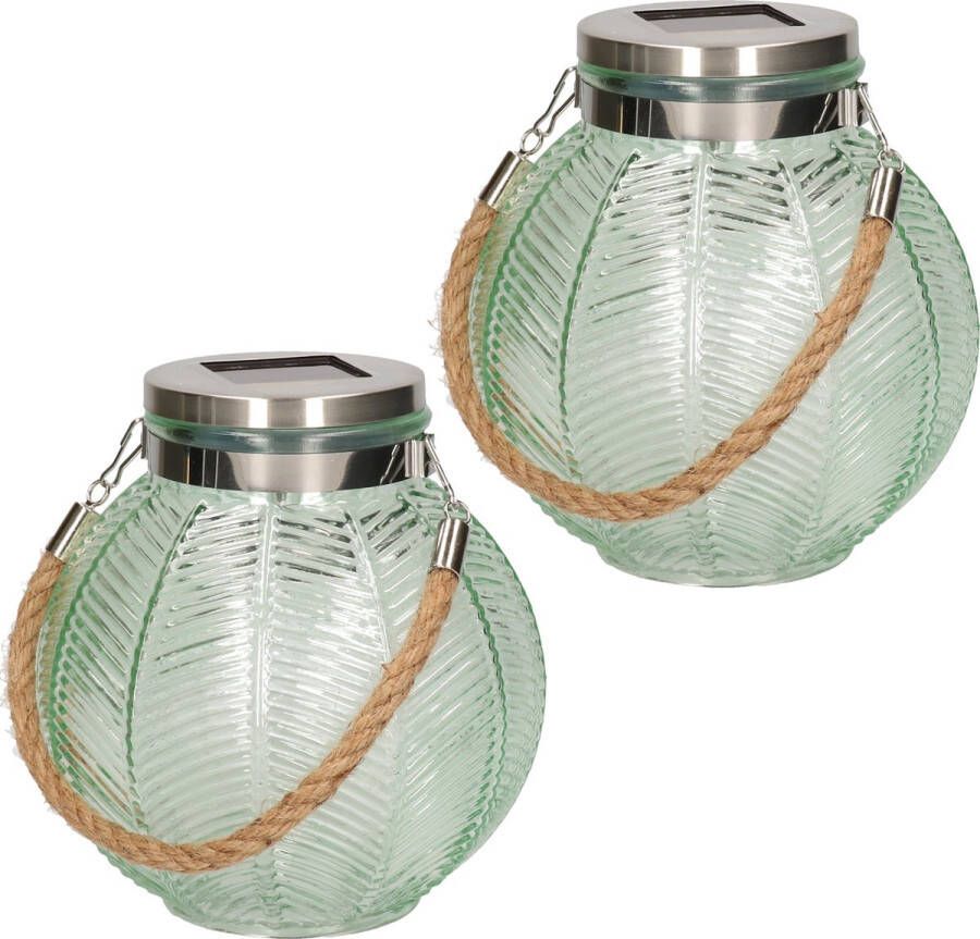Anna's Collection 2x stuks groene solar lantaarn van gestreept glas rond 16 cm Tuinlantaarns Solarverlichting Tuinverlichting