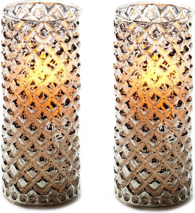 Anna's Collection 2x stuks luxe led kaarsen in zilver glas D7 5 x H17 5 cm met timer Woondecoratie Elektrische kaarsen