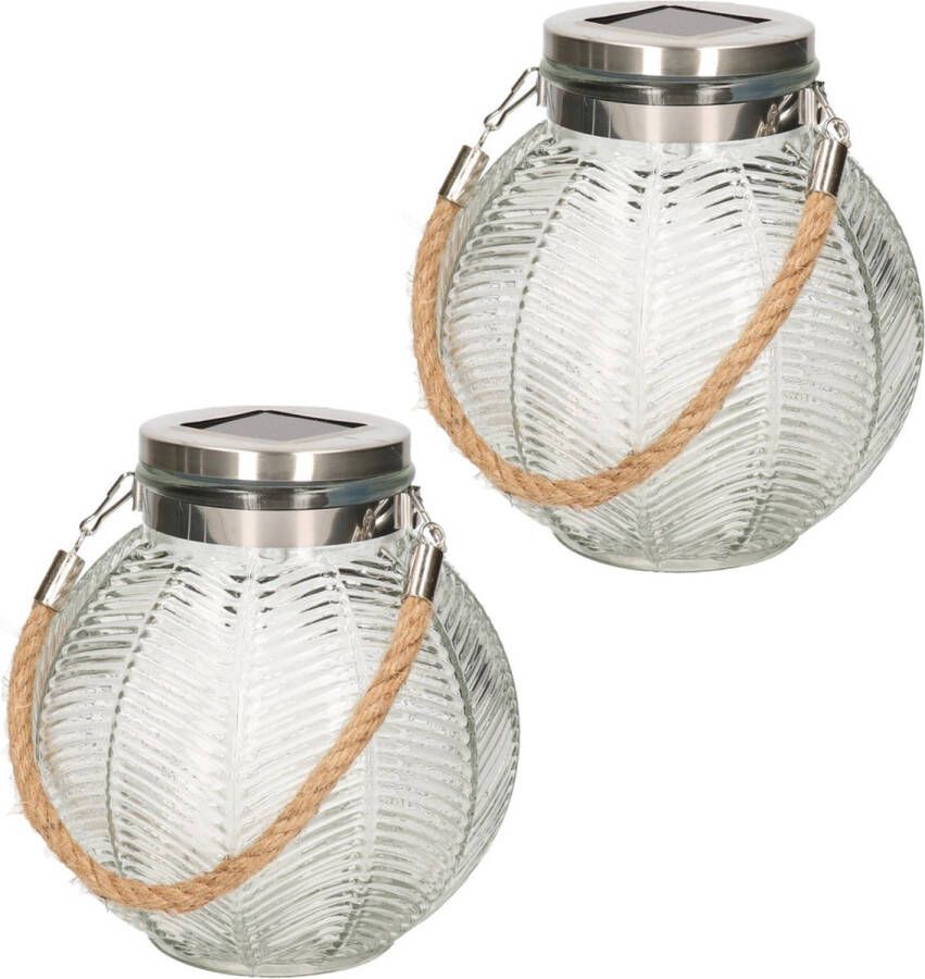 Anna's Collection 2x stuks transparante solar lantaarn van gestreept glas rond 16 cm Tuinlantaarns Solarverlichting Tuinverlichting