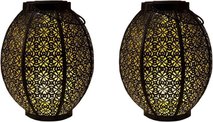 Anna's Collection 2x stuks zwart gouden ronde solar lantaarns van metaal 23 cm Tuinverlichting Tuinlampen Solarlampen