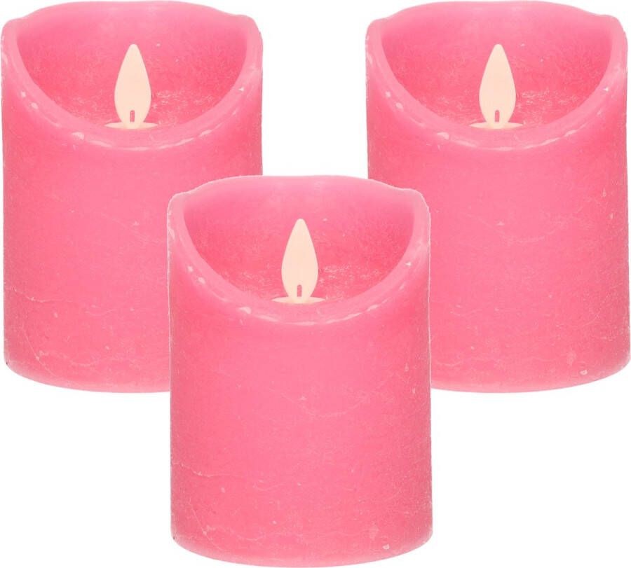 Anna's Collection 3x Fuchsia roze LED kaarsen stompkaarsen 10 cm Luxe kaarsen op batterijen met bewegende vlam