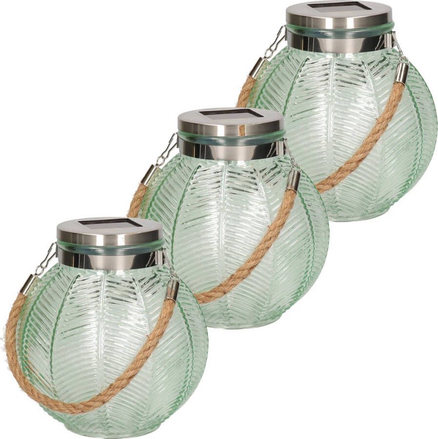 Anna's Collection 3x stuks groene solar lantaarn van gestreept glas rond 16 cm Tuinlantaarns Solarverlichting Tuinverlichting