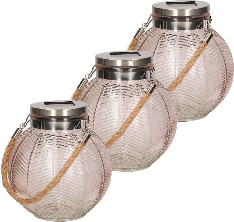 Anna's Collection 3x stuks roze solar lantaarn van gestreept glas rond 16 cm Tuinlantaarns Solarverlichting Tuinverlichting