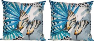 Anna's Collection 4x Bank sier kussens voor binnen en buiten blauwe palm bladeren print 45 x 45 cm Tuin huis kussens