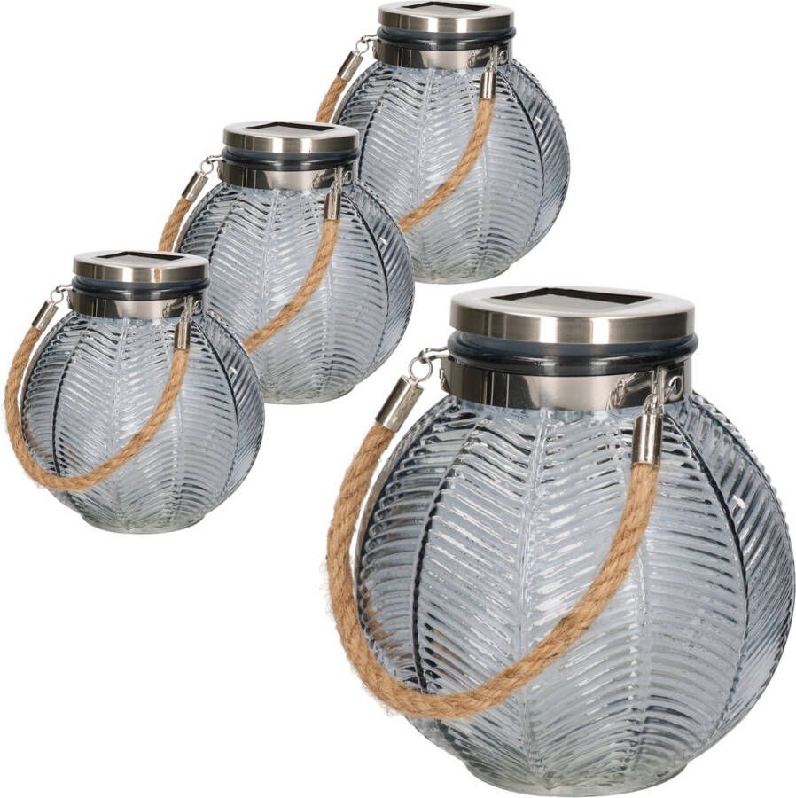 Anna's Collection 4x stuks grijze solar lantaarn van gestreept glas rond 16 cm Tuinlantaarns Solarverlichting Tuinverlichting