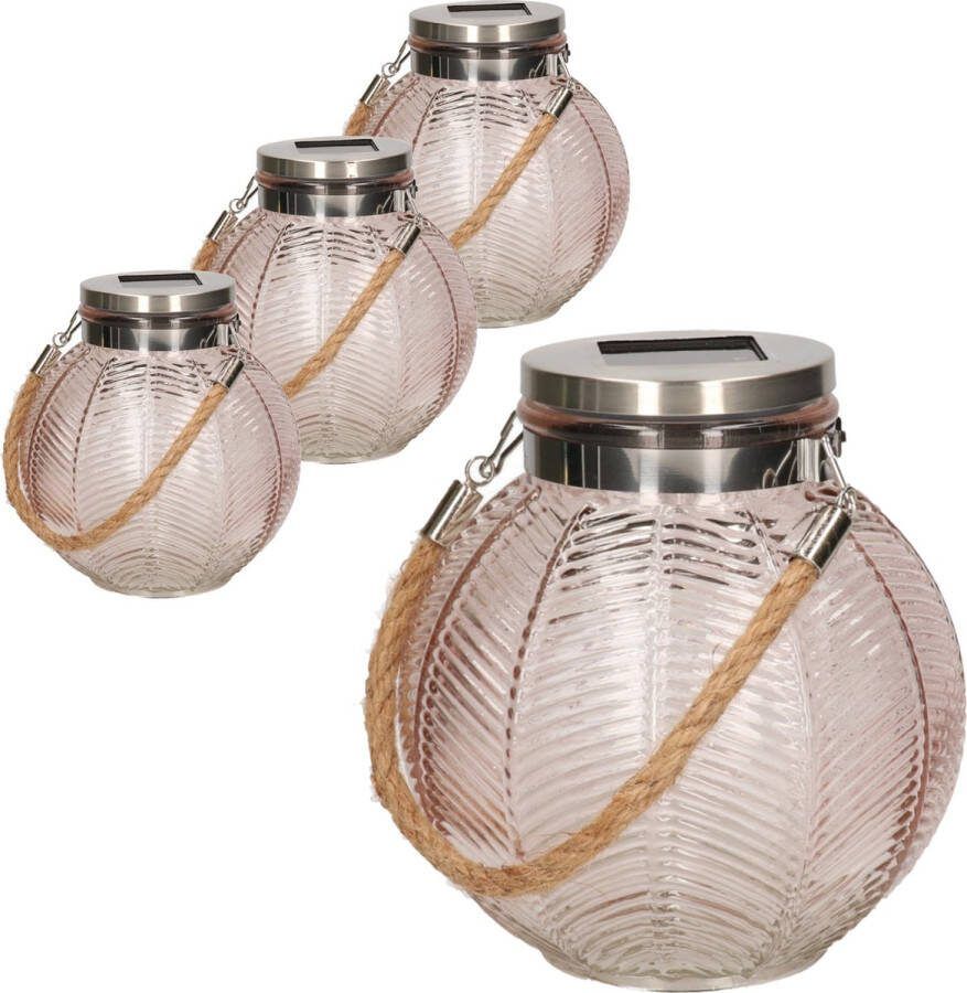 Anna's Collection 4x stuks roze solar lantaarn van gestreept glas rond 16 cm Tuinlantaarns Solarverlichting Tuinverlichting