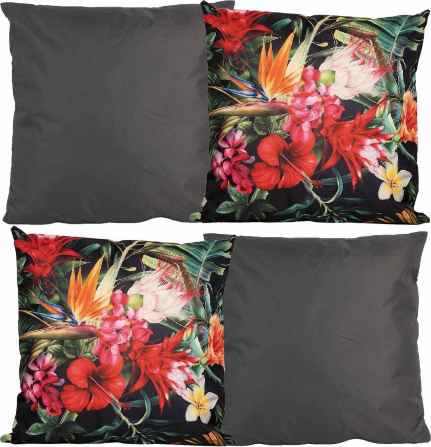 Anna's Collection Anna Collection Bank sier tuin kussens binnen buiten set 4x stuks antraciet tropical print 45 x 45 cm