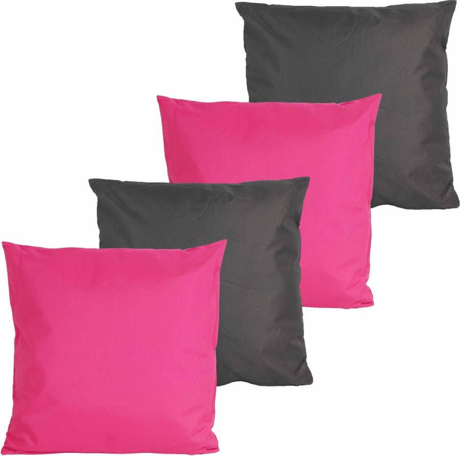 Anna&apos;s Collection Bank Tuin kussens set voor binnen buiten 4x stuks fuchsia roze antraciet grijs 45 x 45 cm Sierkussens