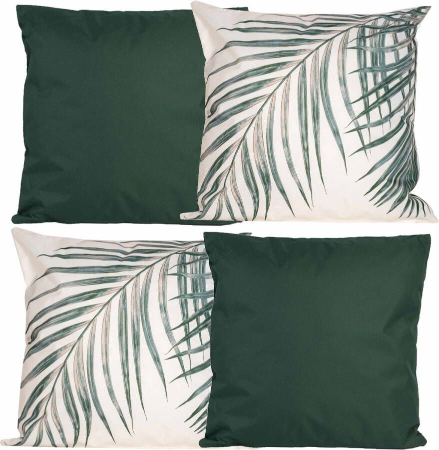 Anna&apos;s Collection Bank tuin kussens set voor binnen buiten 4x stuks groen palm print 45 x 45 cm Sierkussens