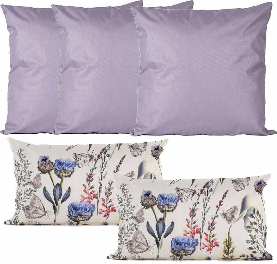Anna&apos;s Collection Bank tuin kussens set binnen buiten 5x stuks lila tropical summer In 2 formaten laag hoog Sierkussens
