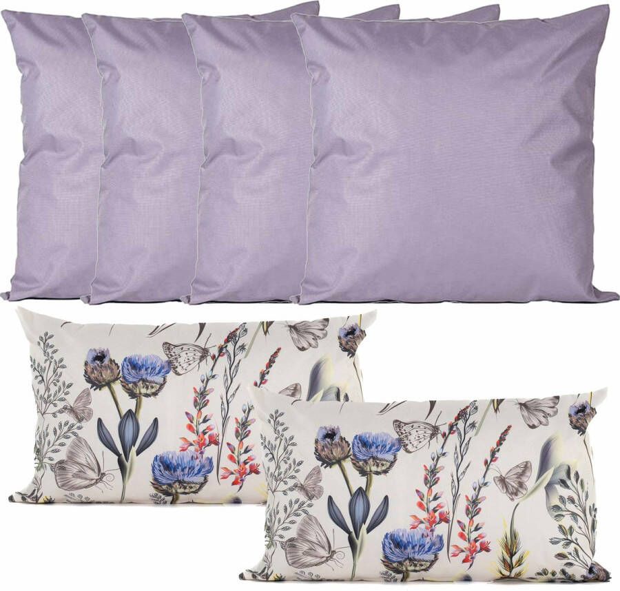 Anna&apos;s Collection Bank tuin kussens set binnen buiten 6x stuks lila tropical summer In 2 formaten laag hoog Sierkussens