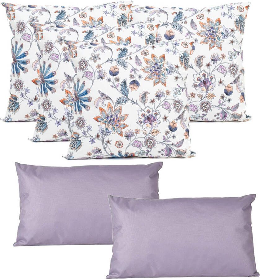 Anna&apos;s Collection Anna Collection Bank tuin kussens set binnen buiten 6x stuks wit lila In 2 formaten Sierkussens