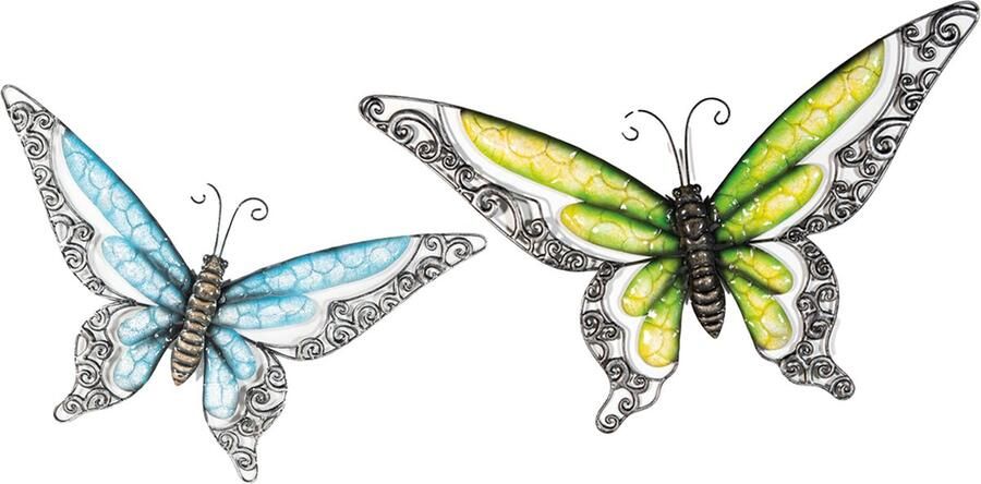 Anna's Collection Anna Collection Wanddecoratie vlinders 2x blauw groen 36 x 21 cm 49 x 28 metaal muurdecoratie schutting