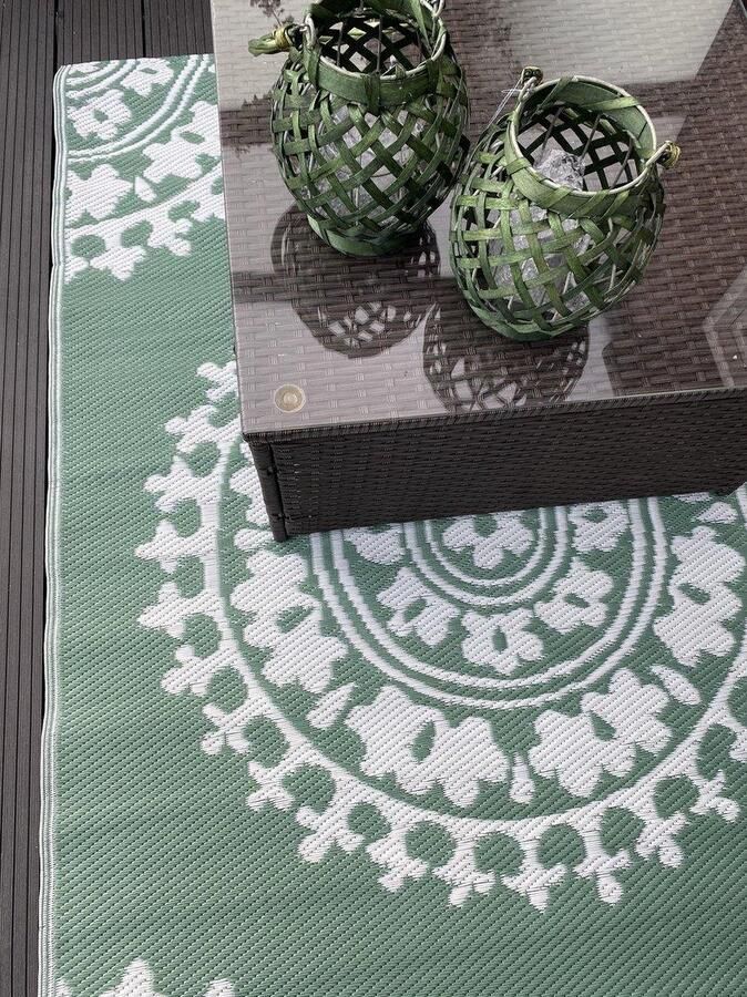 Anna's Collection Buitenkleed Buitentapijt Buiten Decoratie Outdoor Campingkleed Buiten Vloerkleed Groen Wit 118x180cm