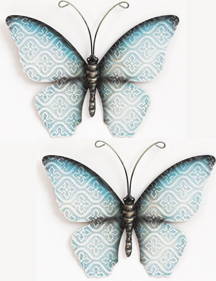 Anna's Collection Wand decoratie vlinder 2x blauw 20 x 14 cm metaal muurdecoratie