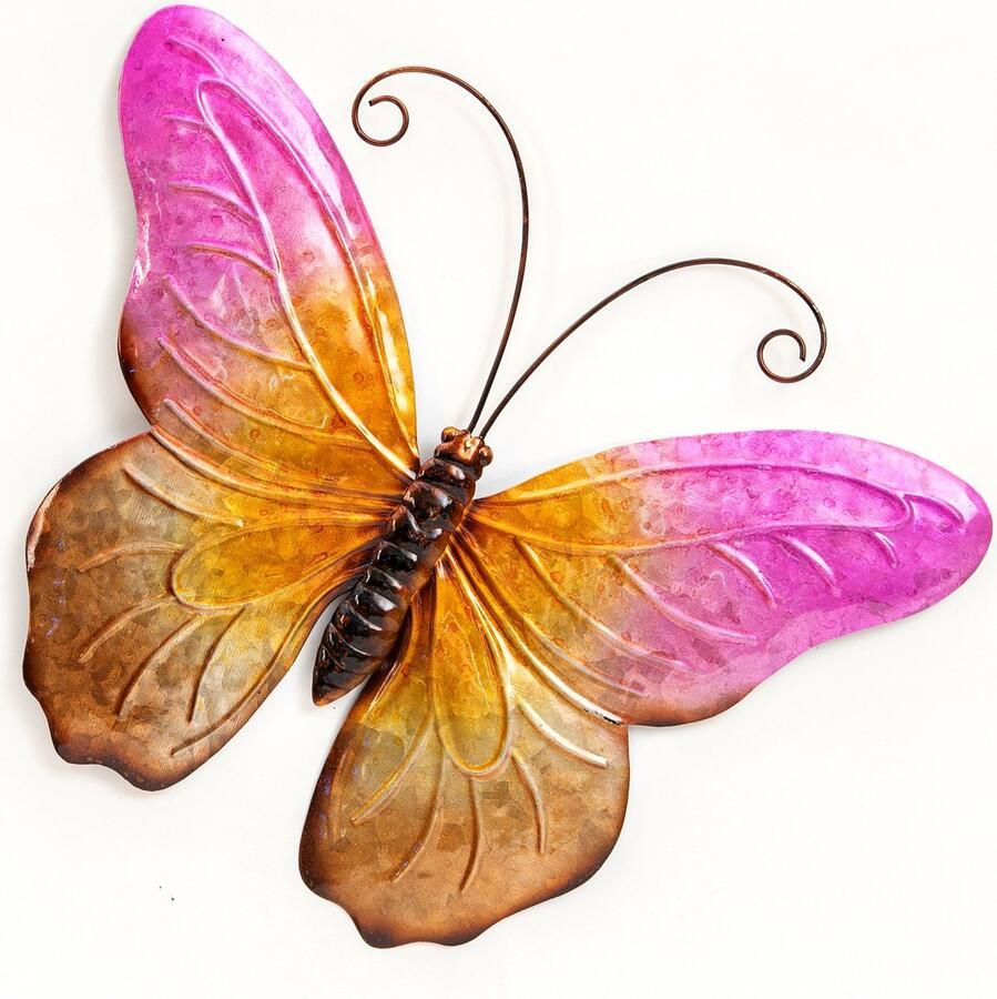 Anna's Collection Wand decoratie vlinder roze 44 x 32 cm metaal muurdecoratie schutting buiten tuinbeelden van dieren