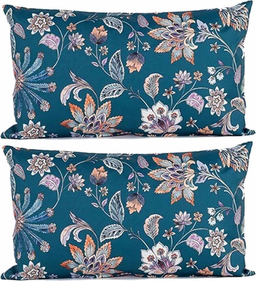 Anna's Collection buitenkussen bloem 2x blauw 30 x 50 cm Water en UV bestendig