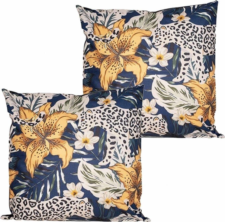 Anna's Collection buitenkussen bloem 2x blauw geel 45 x 45 cm Water en UV bestendig