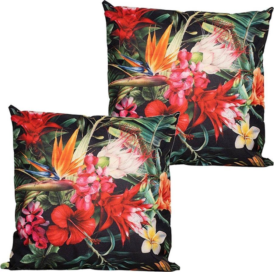 Anna's Collection buitenkussen bloem 2x rood zwart 60 x 60 cm Water en UV bestendig