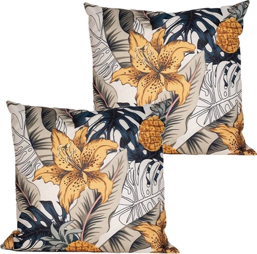 Anna's Collection buitenkussen bloem 2x wit geel 60 x 60 cm Water en UV bestendig