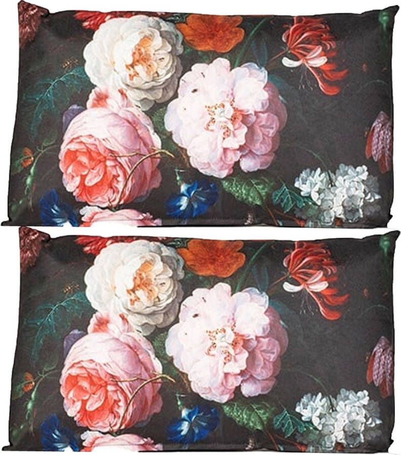 Anna's Collection buitenkussen bloem 2x Zwart roze 30 x 50 cm Water en UV bestendig