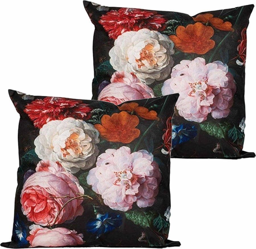 Anna's Collection buitenkussen bloem 2x zwart roze 45 x 45 cm Water en UV bestendig