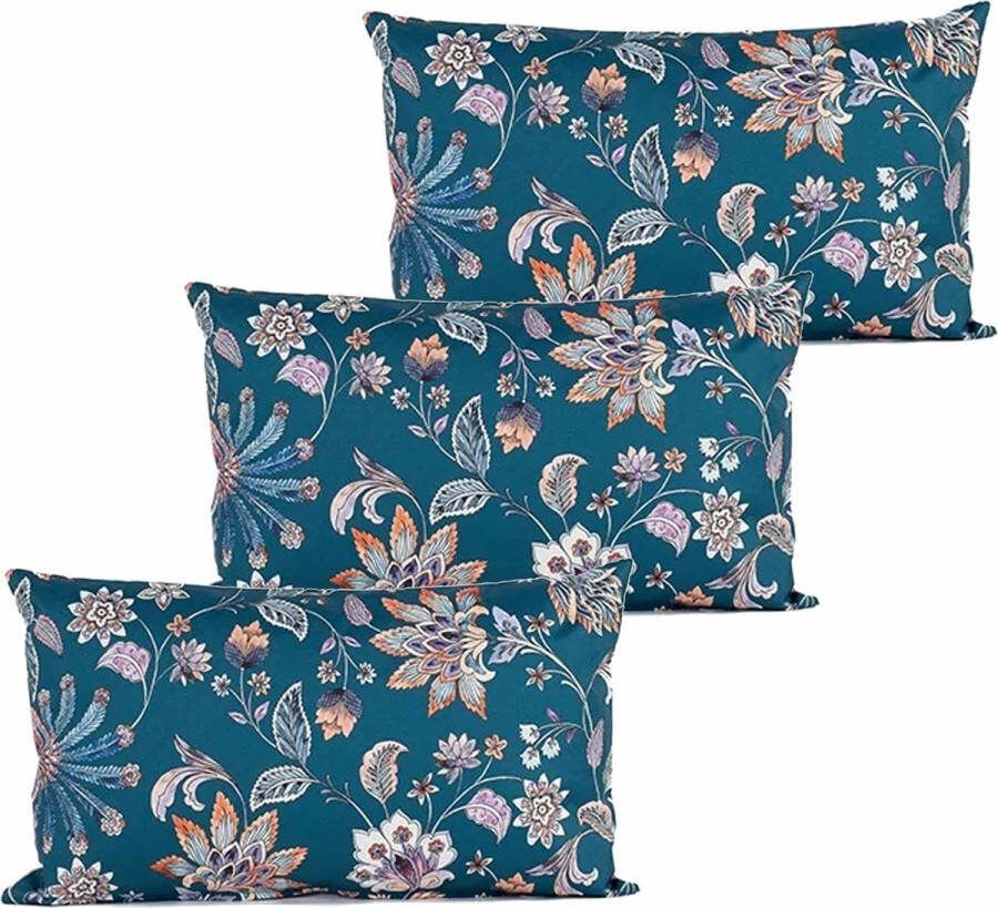 Anna's Collection buitenkussen bloem 3x blauw 30 x 50 cm Water en UV bestendig
