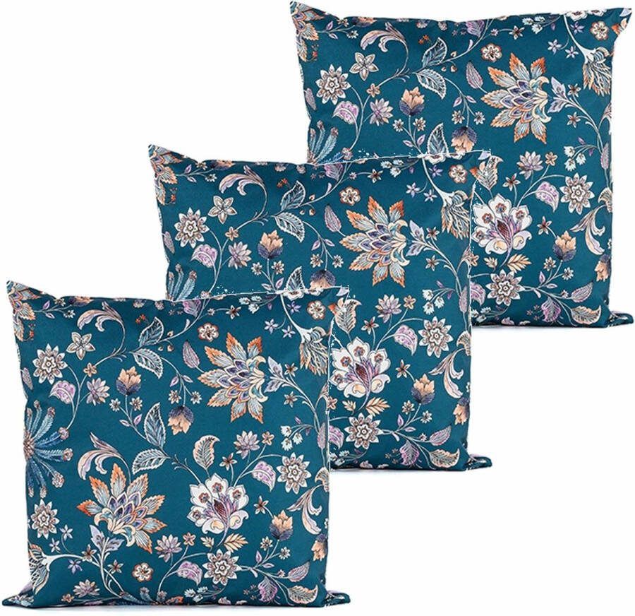 Anna's Collection buitenkussen bloem 3x blauw 45 x 45 cm Water en UV bestendig