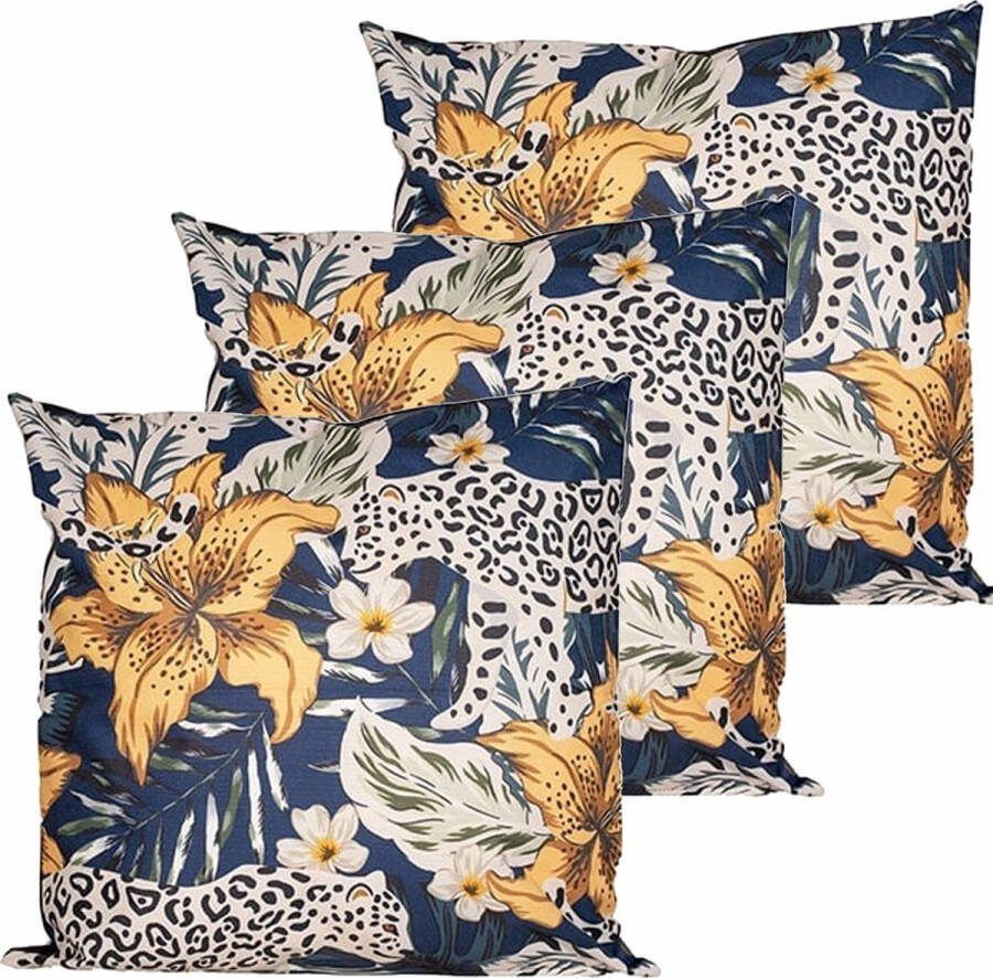 Anna's Collection buitenkussen bloem 3x blauw geel 45 x 45 cm Water en UV bestendig