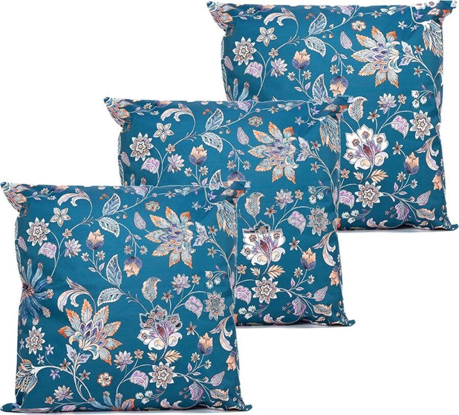 Anna's Collection buitenkussen bloem 3x blauw paars 60 x 60 cm Water en UV bestendig