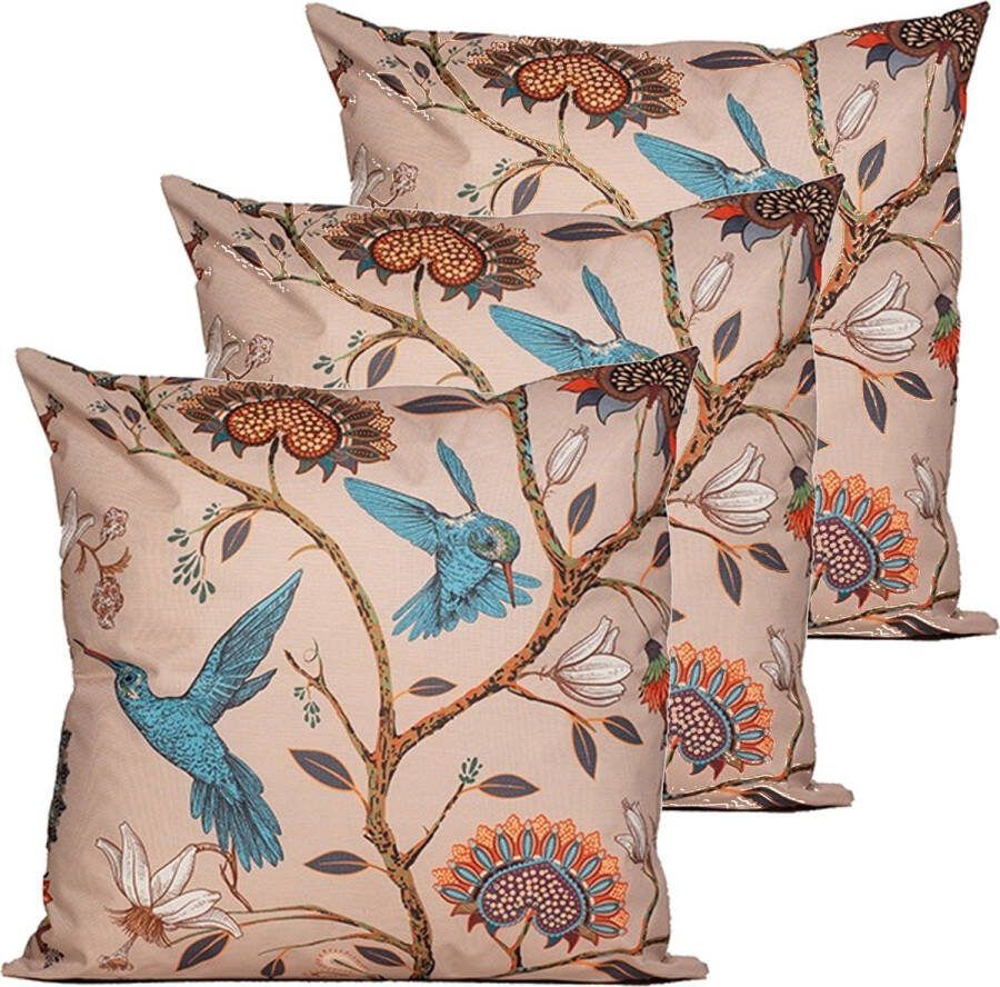 Anna's Collection buitenkussen bloem 3x bruin blauw 60 x 60 cm Water en UV bestendig