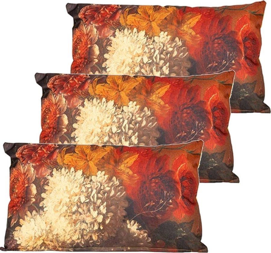 Anna's Collection buitenkussen bloem 3x Bruin creme 30 x 50 cm Water en UV bestendig