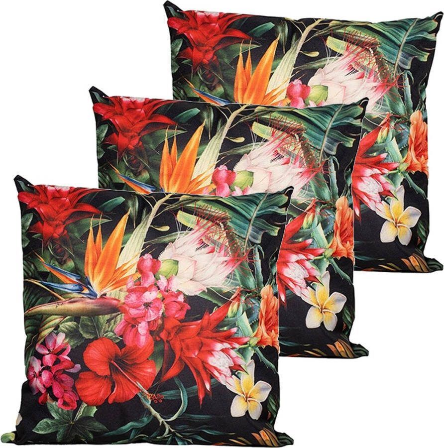 Anna's Collection buitenkussen bloem 3x rood zwart 60 x 60 cm Water en UV bestendig