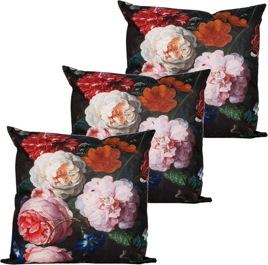 Anna's Collection buitenkussen bloem 3x roze zwart 60 x 60 cm Water en UV bestendig