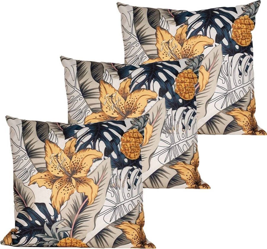 Anna's Collection buitenkussen bloem 3x wit geel 60 x 60 cm Water en UV bestendig